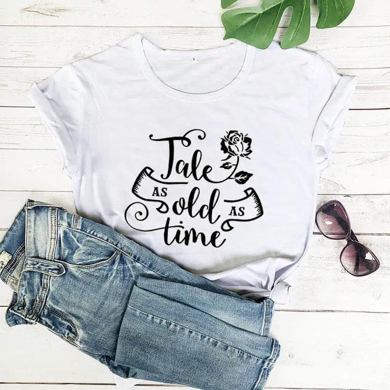white-black text Tale as old as time/Новое поступление, женская летняя забавная Повседневная футболка из хлопка, семейная рубашка для женщин - Цвет: white-black text