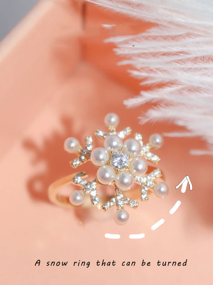 

2021 New Rotating Pearl Zircon Metal Snowflake Shaped Open Rings For Woman Fashion Fashion Female Jewelry Unusual Finger Ring