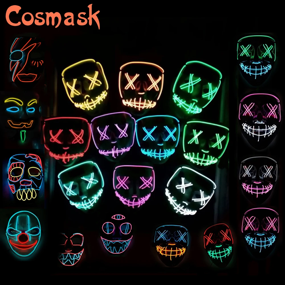Cosmask Halloween Mixed Color Led Mask Party Masque Masquerade Masks Neon Maske Light Glow In The Dark Horror Mask Glowing Mask glow in the dark halloween jason full face mask green