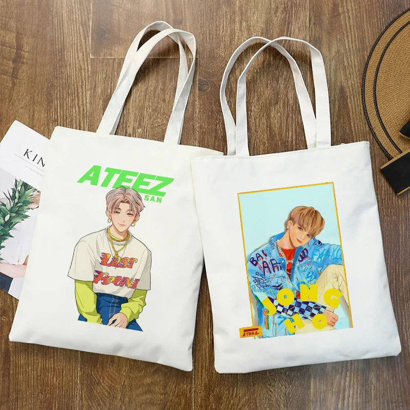 

Корейская сумка для покупок Ulzzang, сумка ATEEZ Kpop в Корейском стиле, хип-хоп, хипстерские сумки для покупок с мультяшным принтом, Холщовая Сумка-...