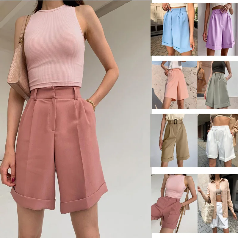 

Женские Белые Повседневные Шорты с высокой талией, популярные летние шорты с широкими штанинами и карманами, офисный женский костюм, коротк...