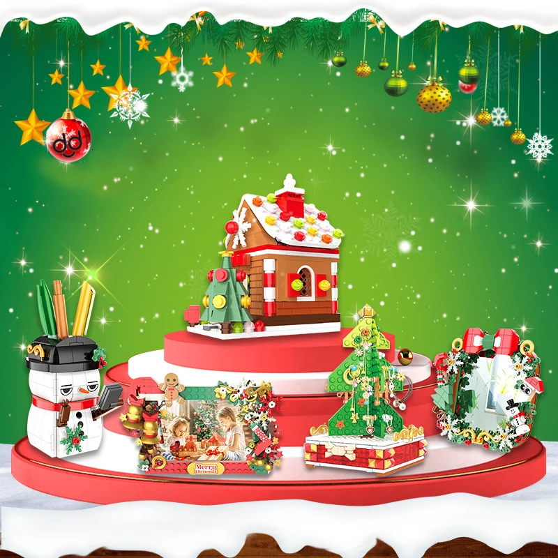 

City Winter Holiday Village Christmas Snowman Photo Frame Mini Gingerbread House Scene Props Building Blocks Bricks Toys Gifts