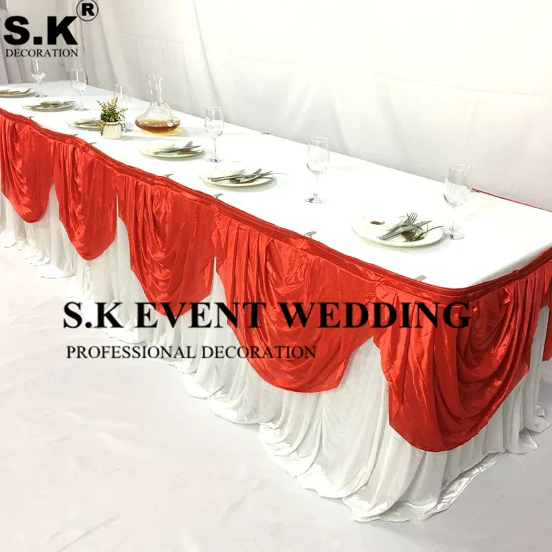 Wholesale White Color Ice Silk Table Skirt With Colors Swag Drapery Wedding Table Cloth Skirting For Event Banquet Decoration