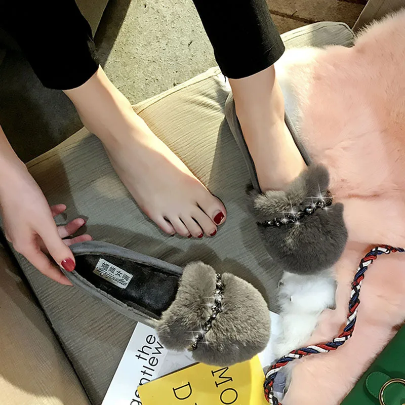 Пушистые натуральные кроличьи волосы на плоской подошве женские удобные