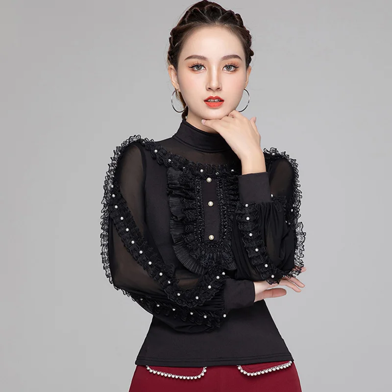 

Modern National Standard Dance Tops Female Elegant Lace Long Sleeve Shirt Latin Dance Clothing Rumba Practice Clothes