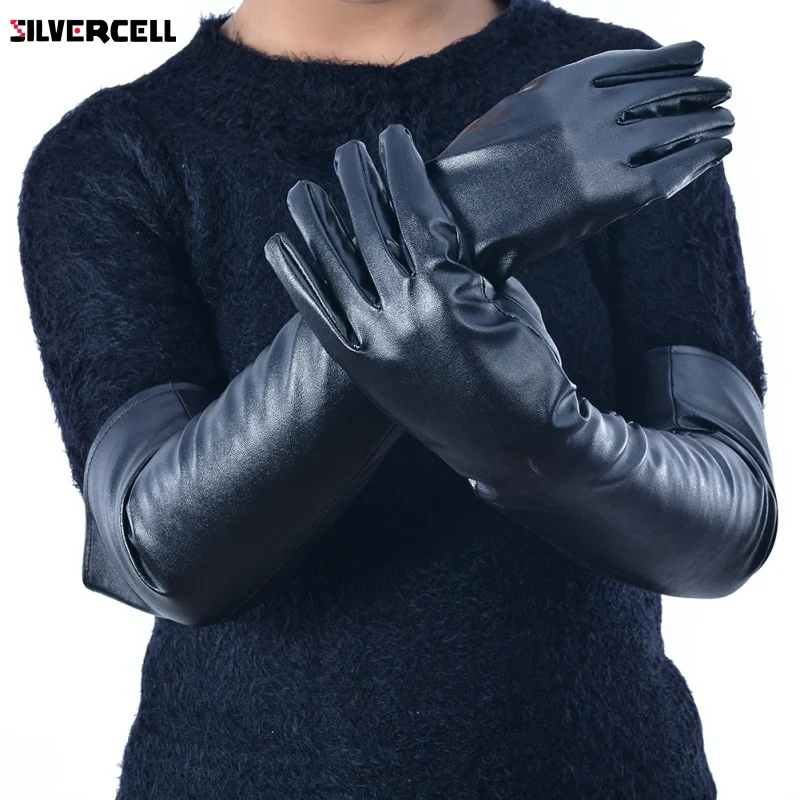Women PU Faux Leather Elbow Gloves Winter Long Gloves Warm Lined Finger Gloves M-XL