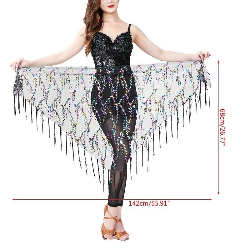 

Women Sequin Tassel Sexy Wrap Irregular Skirt Latin Dancing Belly Dance Hip Triangle Scarf Glitter Waist Chain Stage Performance