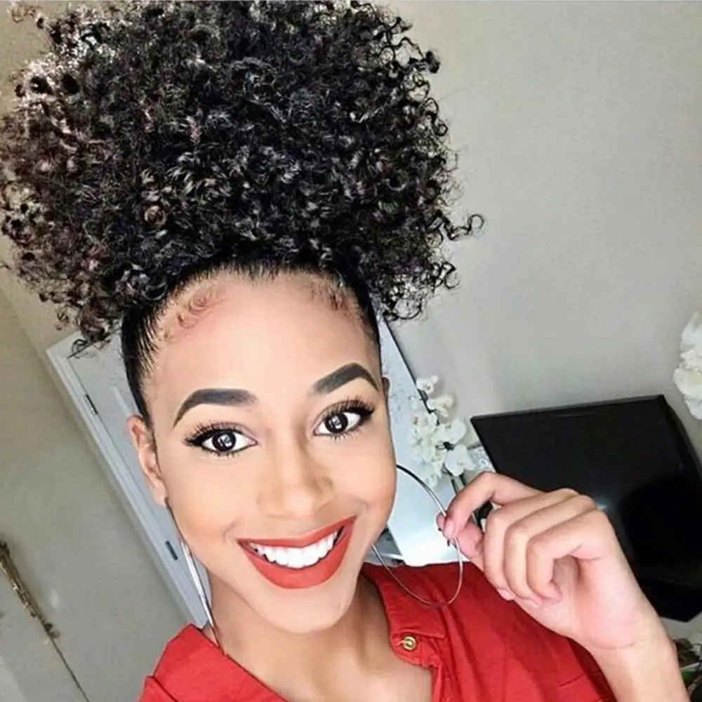 

High Puff Afro Curly Wig Ponytail Drawstring Short Afro Kinky Pony Tail Clip in on Synthetic Curly Hair Bun Made of Kanekalon