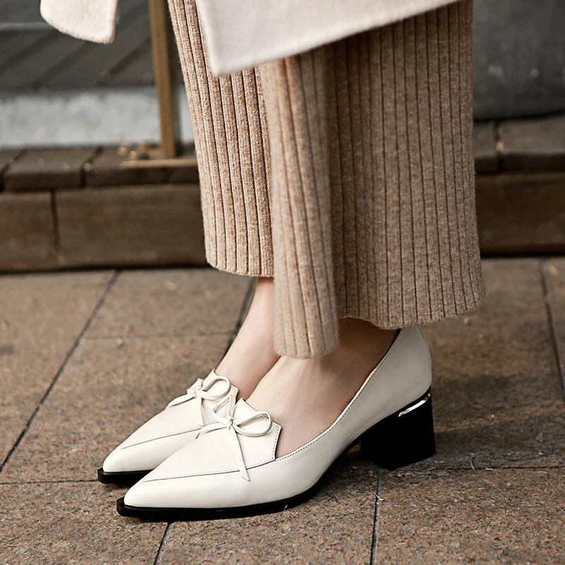 

Women Pumps 2020 Thick High Heels Sexy Pointed Toe Slip-on Wedding Party Shoes For Lady Genuine Leather Shoes Woman