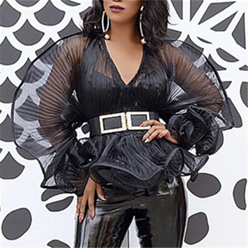 Сексуальная Блузка для женщин прозрачная плиссированная блузка с оборками и