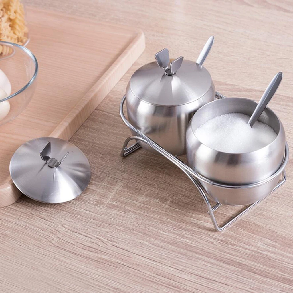 

2pcs Stainless Steel Condiment Pot Lids And Spoons Seasoning Jar Container