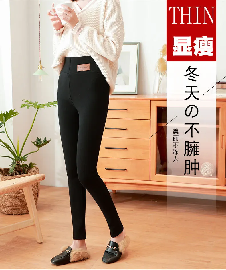 

Ultra-thick lambskin leggings pant trousers winter warming fleece plus velvet padded cotton trousers with high waist warm pants