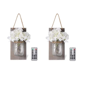 Mason Jar Wall Lights with Remote Control, Hanging Battery Powered Jar Sconce with LED Fairy Lights (Set of 2)