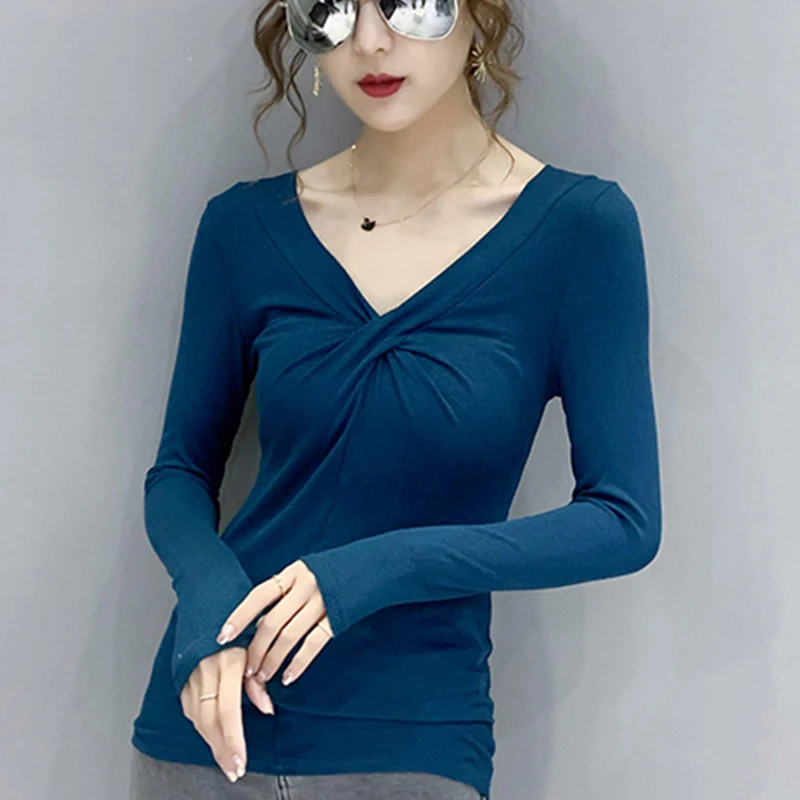 

2022 Spring Basic Slim T Shirt Women Casual Cotton Tshirts Female Long Sleeve V Neck Korean Casual Tee Shirt Femme Tops Mujer