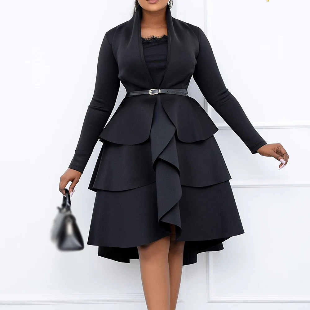 

Long Sleeve Black Dress African Women Cute Layered Ruffle Autumn Winter Elegant Office OL Clothes Casual Midi Dresses Female