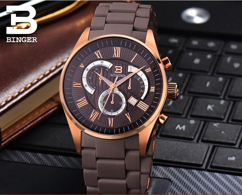 Швейцарские мужские часы люксовый бренд наручные часы Бингер кварцевые часы силиконовый ремешок хронограф часы Diver glowwatch BG-0407-6