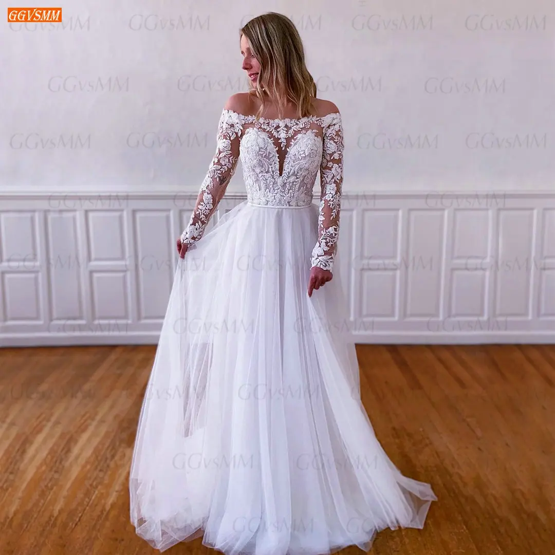

Белое свадебное платье в стиле бохо 2022 Vestido De Noiva с длинными рукавами и аппликацией из тюля А-силуэта, свадебное платье на заказ