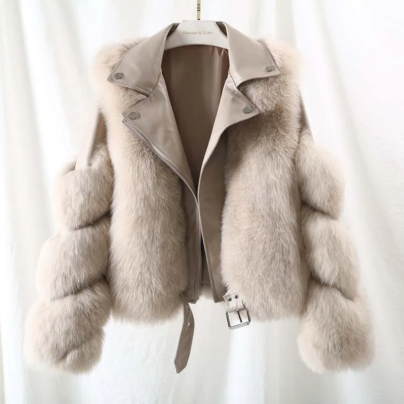 Женская мотоциклетная куртка с поясом из натурального Лисьего меха короткая