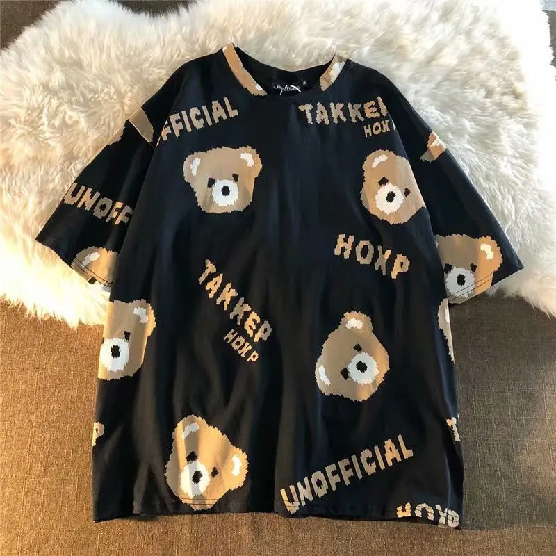 

European Hip Hop Trendy Brand Little Bear Printed Ins Summer Short Sleeve T-shirt Men's and Women's Japanese round Neck Half