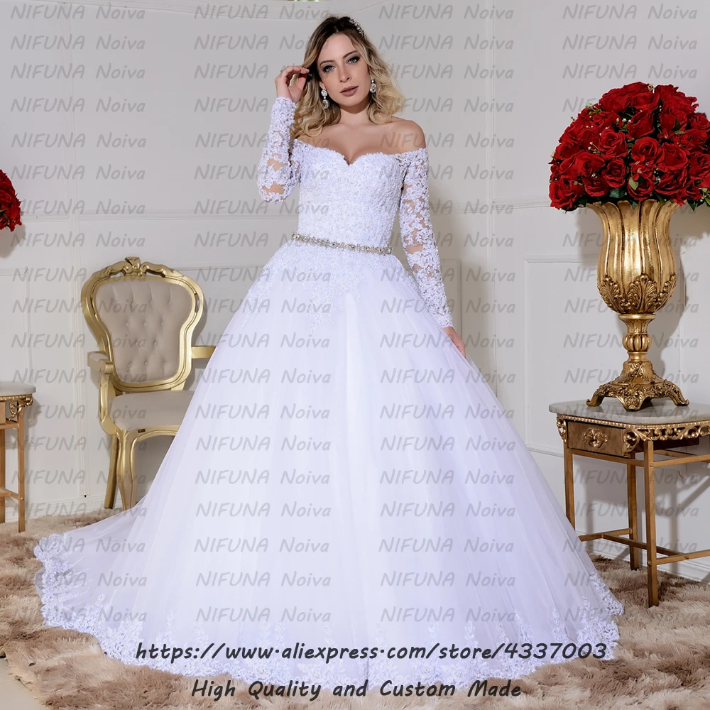 Vestido de noiva com manga Роскошные Аппликации вышитые бисером Длинные рукава Свадебное
