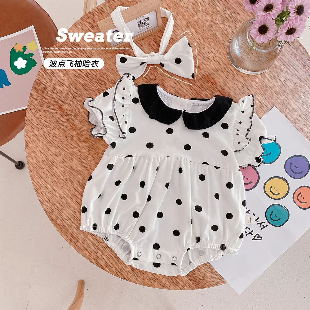 

Повязка на голову для детей 0-2 лет летнее платье для новорожденных с летающим рукавом кукольный воротник Детский комбинезон с коротким рукавом