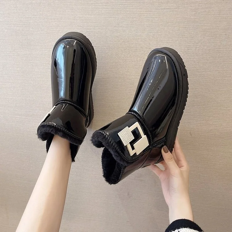 

2021 winter new patent leather snow boots women's bright leather waterproof cotton shoes thick bottom thick velvet cotton shoes