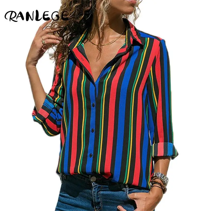 Женская рубашка с отложным воротником RANLEGE Повседневная в полоску длинным