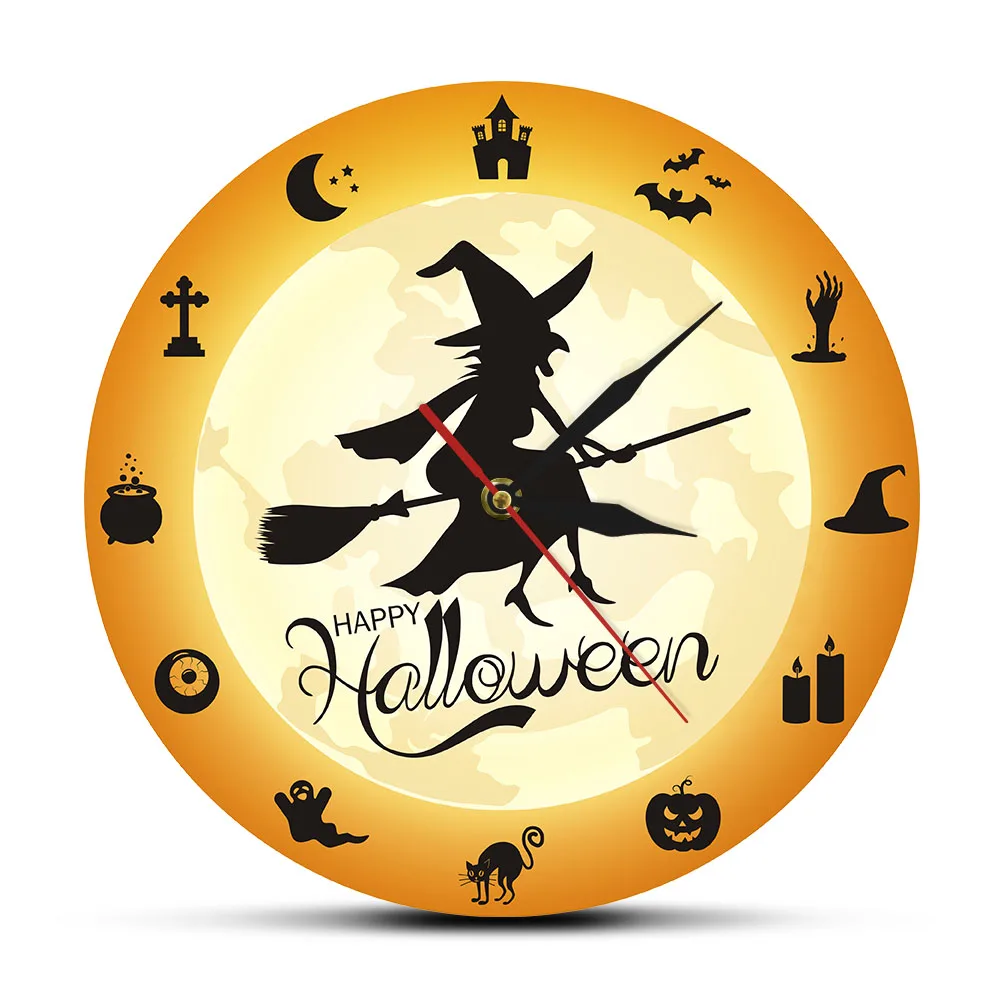 

Halloween Witch Flying Crossed The Moon Decorative Wall Clock Vintage Flying Witch Wall Clock with Horror Halloween Silhouette