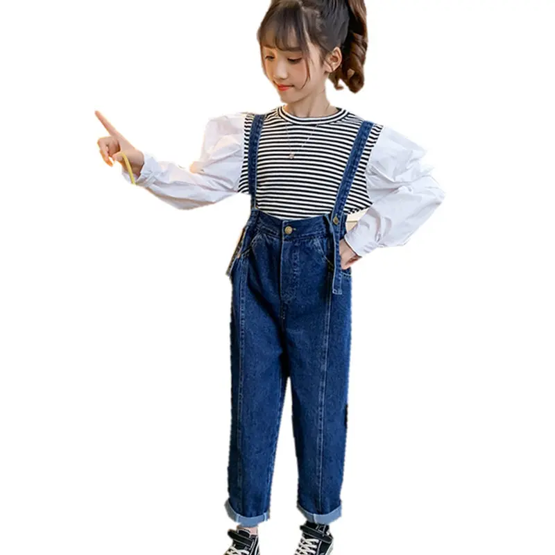 Костюм для девочек детская одежда новый осенний джинсовый комбинезон рубашка с