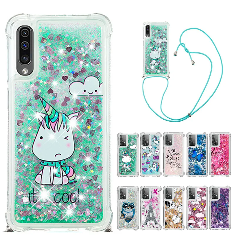 

Strap Lanyard Cartoon Phone Case For Samsung Galaxy M30 A40S A70 A70S A50 A505 A30S A50S TPU Soft Glitter Liquid Back Cover Capa