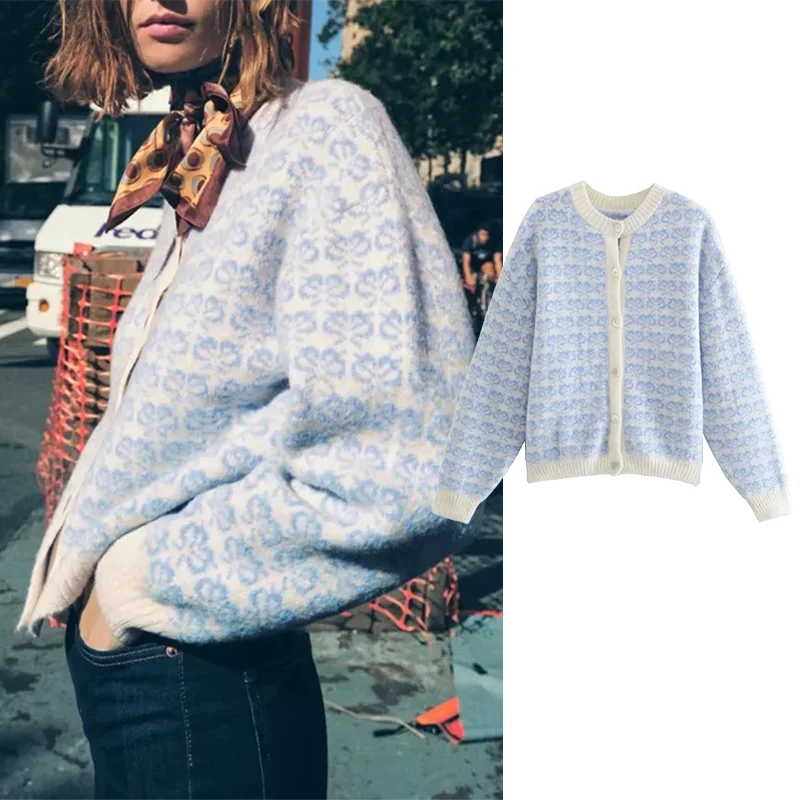 

Женский вязаный жаккардовый кардиган Za, синий свитер с длинным рукавом, вязаное пальто, винтажные женские кардиганы, повседневный Топ, осен...