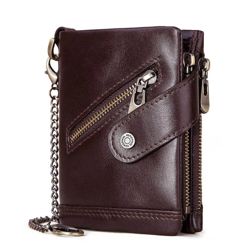 

Men's Leather RFID Blocking Trifold Wallets Double Zipper Coin Pocket Purse with Anti-Theft Chain Bikers Wallets