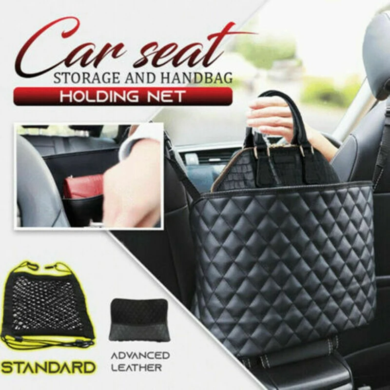 

Car Net Pocket Handbag Holder PU Leather Between Car Seat Storage Black