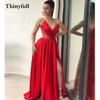fashion v neck sleeveless prom dress high side slit a line sexy formal night graduation custom evening party dresses gowns2022