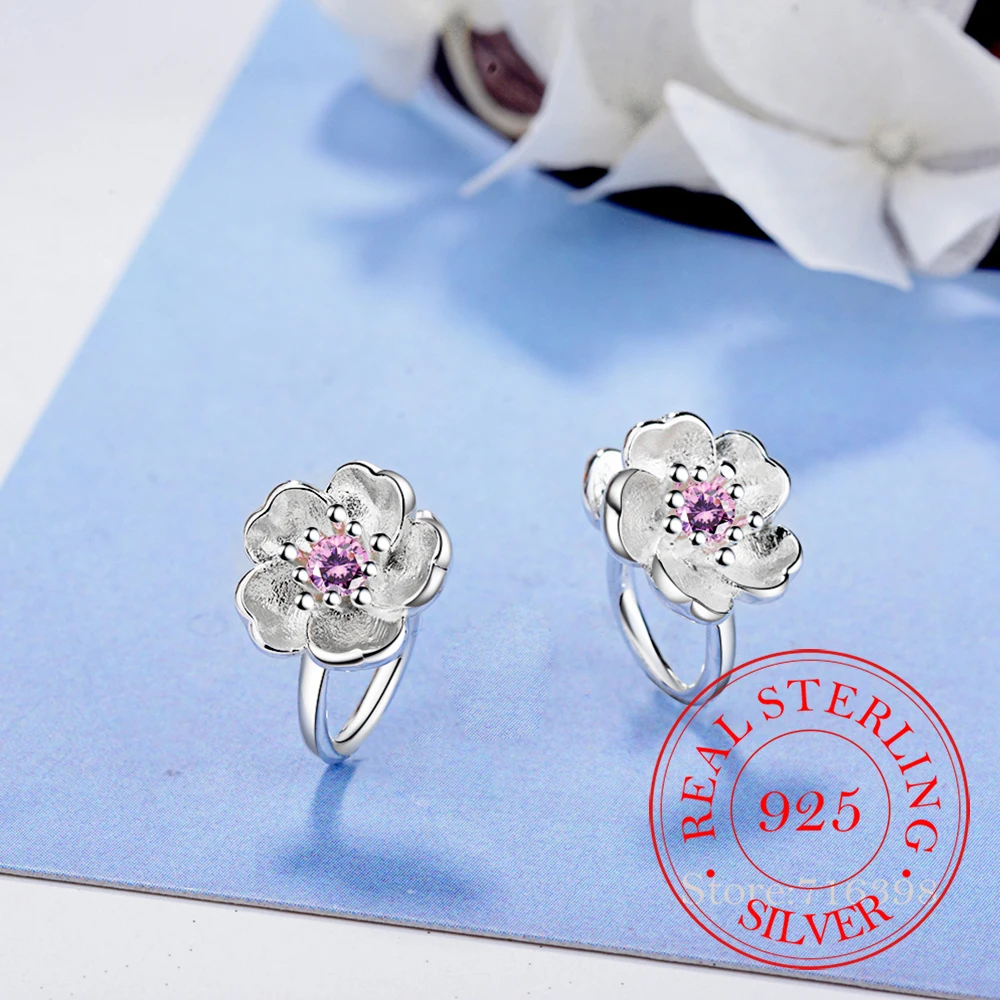 

Cute 925 Sterling Silver Cherry Blossoms Flower Set Pink Cz Hoop Earrings For Women Girls Kids Jewelry Orecchini Aros Aretes