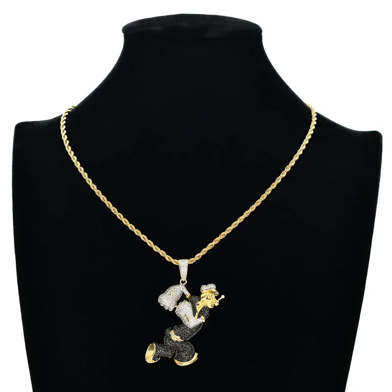 

Iced Out Full Cubic Zircon Cartoon Character Popeye Pendants Necklace For Men Hip Hop Rapper Jewelry Best Gift