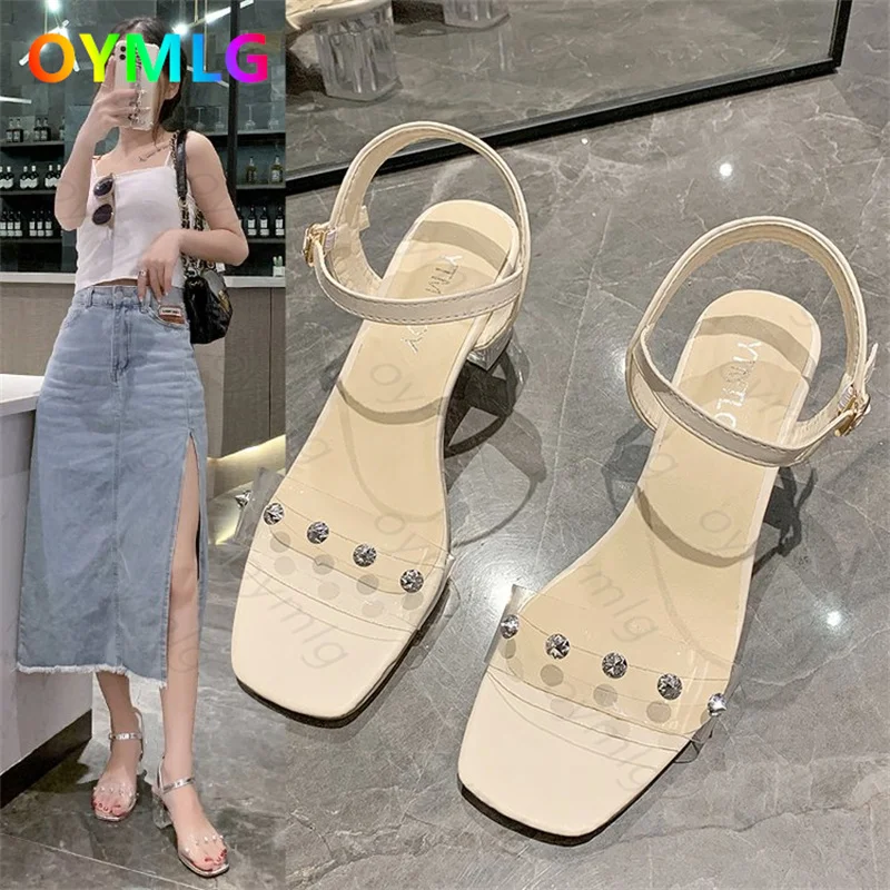 

Sandals women 2021 summer new fashion transparent surface rhinestones simple thick heel one-word buckle sandals