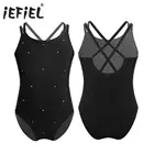 IEFiEL Боди для детей и девочек, на тонких бретельках, блестящие стразы, боди для фигурного катания на коньках, одежда для балета, гимнастический купальник, костюмы