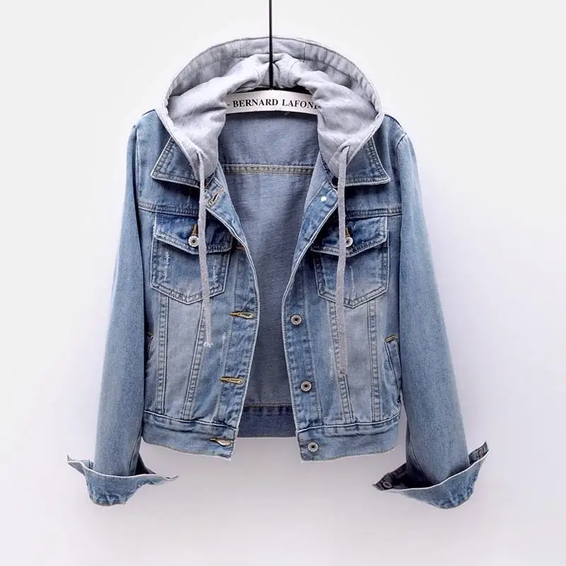 

2021 Autumn Women Casual Denim Jacket Vintage Long Sleeve Jean Jacket Hooded Women Jackets Jeans Coat Female Tops Plus Size