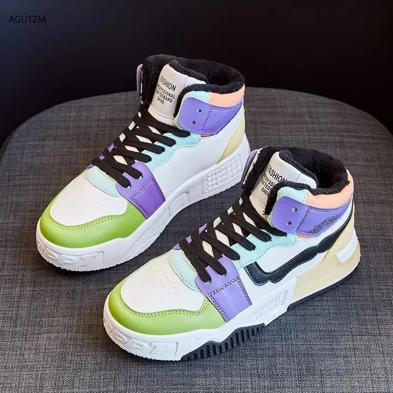

2021 fashion Women Sneakers With Fur Plush Winter Warm Skateboard Girl Student Shoes High Top Shoes Lace Up Casual Sports Shoe