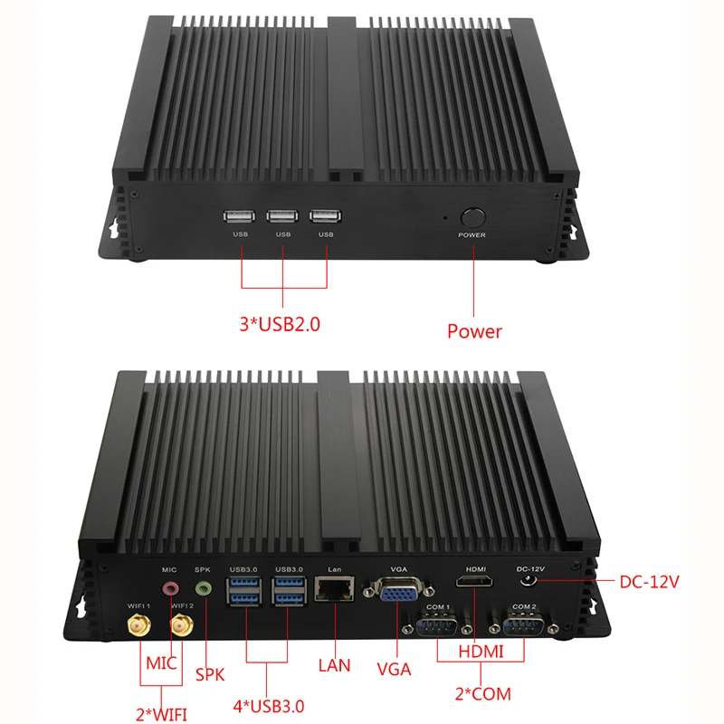 Безвентиляторный промышленный мини ПК X86 телефон 7*24 рабочий 2 * RS232 HDMI VGA 1 Lan 7 USB WiFi
