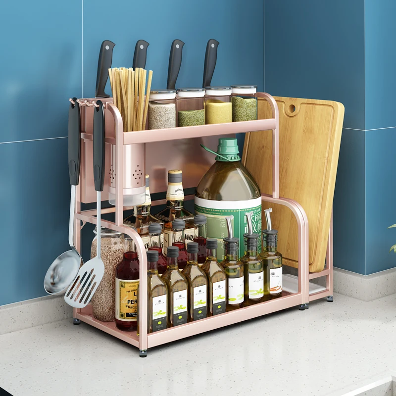 

Pink kitchen shelf countertop stainless steel knife rest household products double deck seasoning storage rack seasoning rack