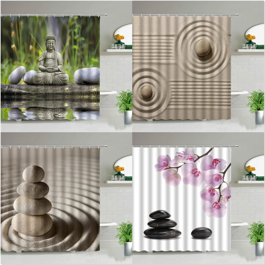 

Zen Stone Buddha Flowers Scenery Shower Curtains Creativity Art Bathroom Bath Curtain With Hooks Waterproof Fabric Bathtub Decor