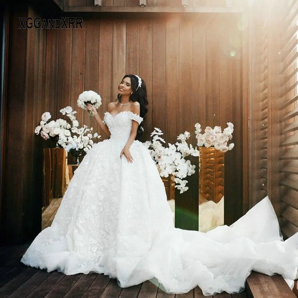 

Princess Arabric Ball Gown Wedding Dresses 2021 robe de mariee Off Shoulder 3D-Floral Wedding Gowns Handmade Lace Bridal Dress