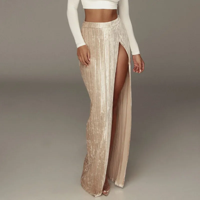 

Sexy Beige Velvet Long Skirt Slit Open Leg High Waisted Pleated Women Black Apricot Basic Party Nightclub Autumn Winter 2021 New