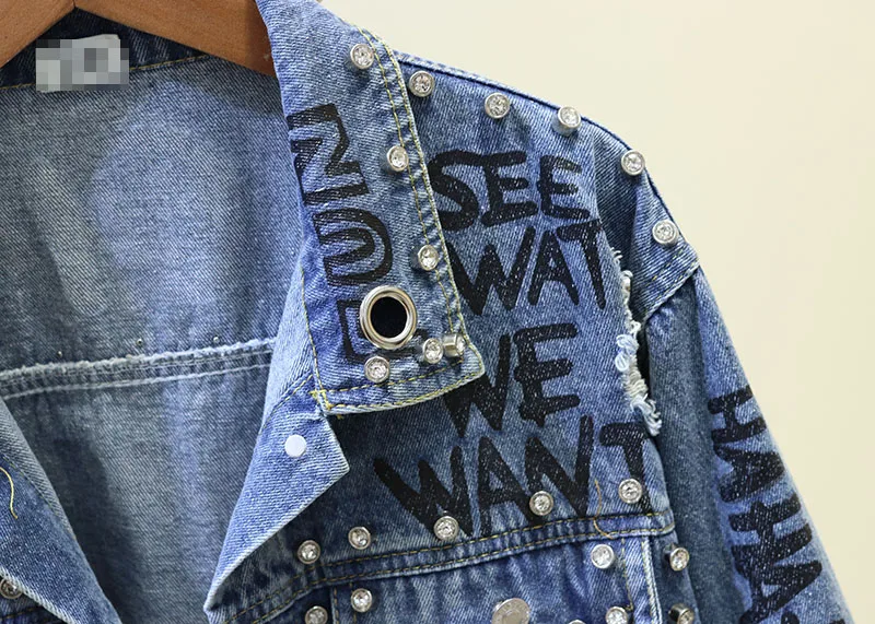 

2020 Punk Style Letter Print Rivets Beading Women Autumn Jacket Coat Loose Style Women Denim Jacket Coat Crop Tops Abrigos Mujer