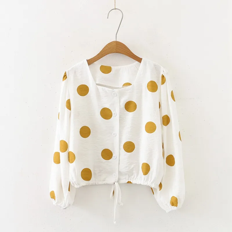 Женская рубашка модная длинный рукав винтажная в горошек блузка Корейская