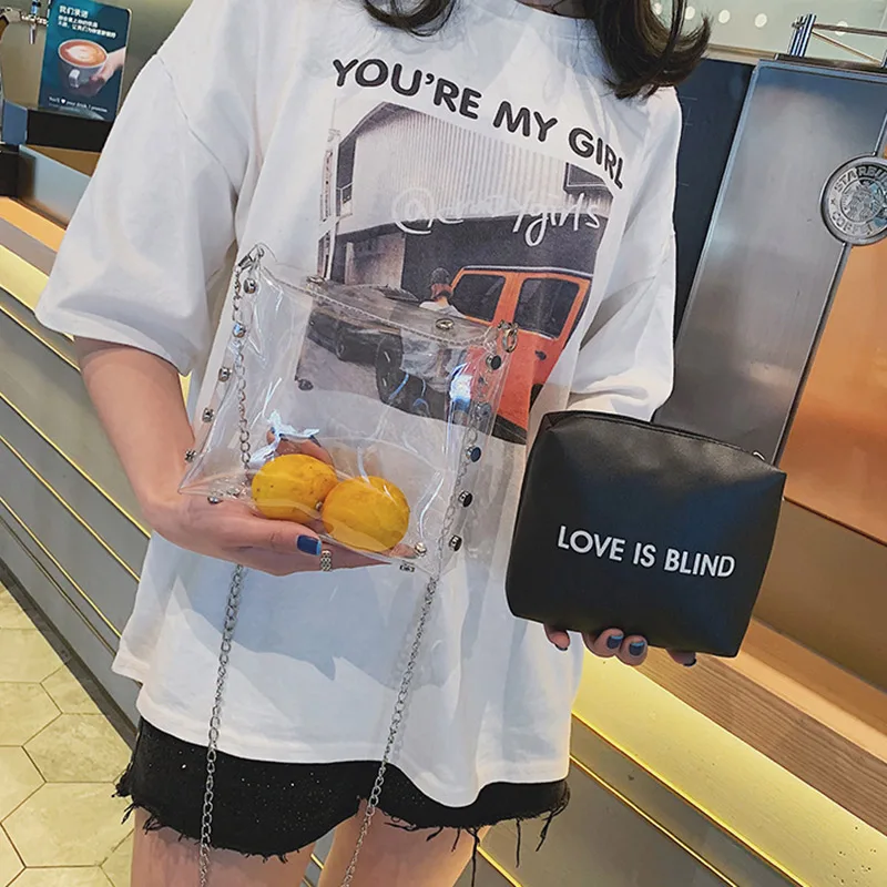 

Transparent Rivet Single Shoulder Bag Letter Handbag 2 Pieces Set Bag for Women B2Cshop