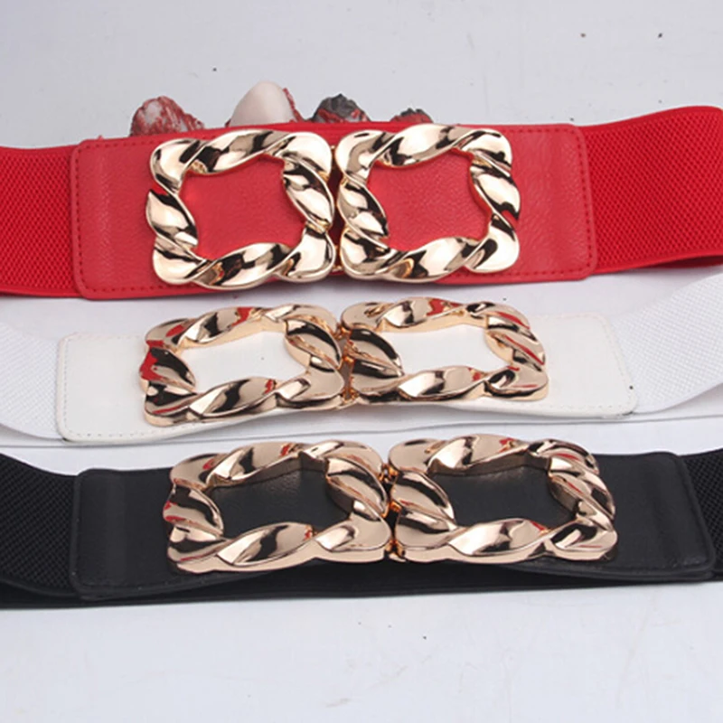 

Black Women Fashion Wide Elastic Waistbands Stretch Corset Alloy Gold Square Buckle Waist Belts For Dress Accessories