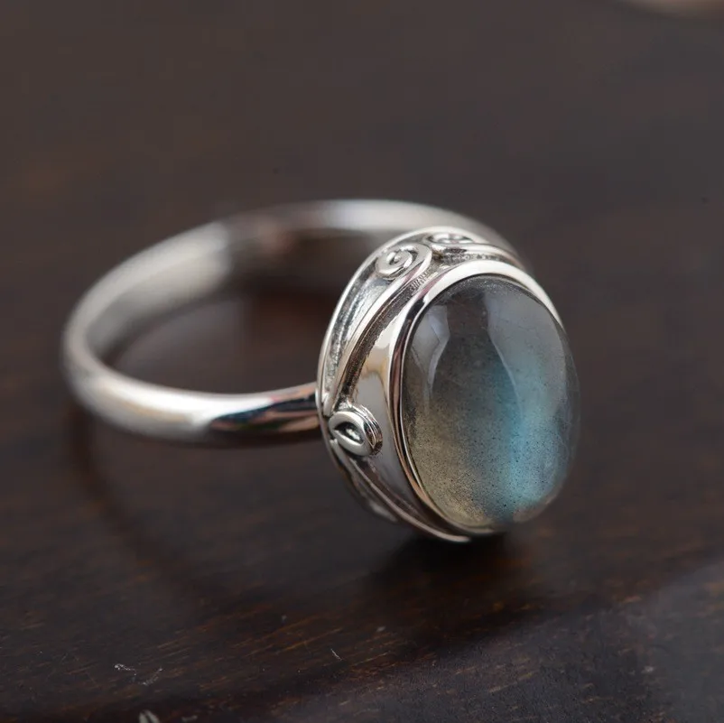 

925silver jewelry wholesale Natural moonstone White pan blue Contracted egg-shaped Fashionable sterling silver ring